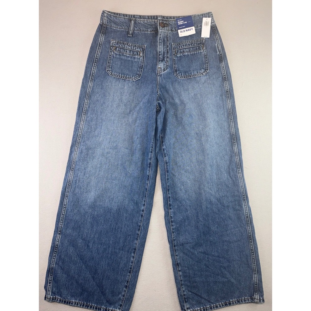 NWT Old Navy Women High Rise Baggy Wide Leg Drapey Denim Patch Pocket Jeans 6